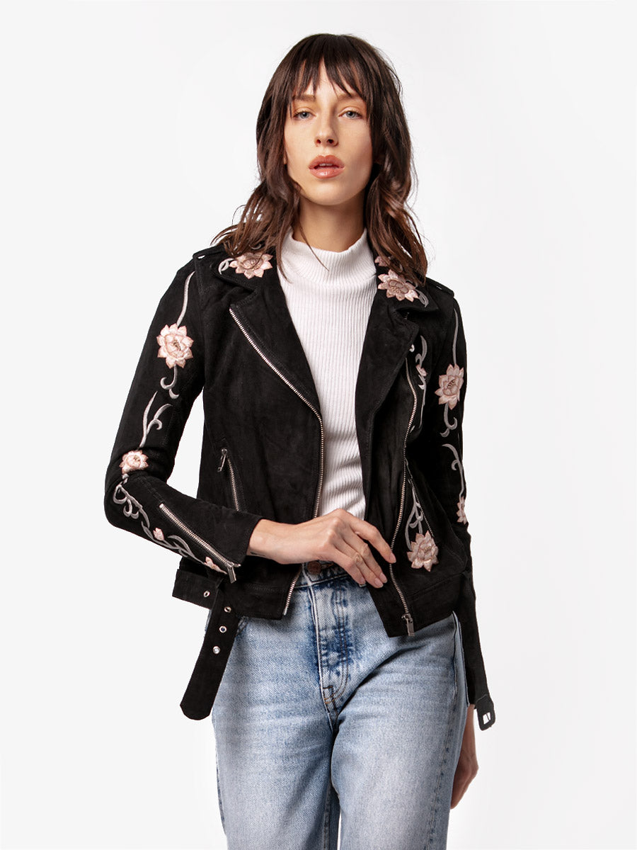 Black Vegan Leather Jacket with Rose Flower Embroidery Size Small