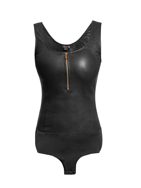 Zip Front Faux Leather One Piece Swimsuit - Black